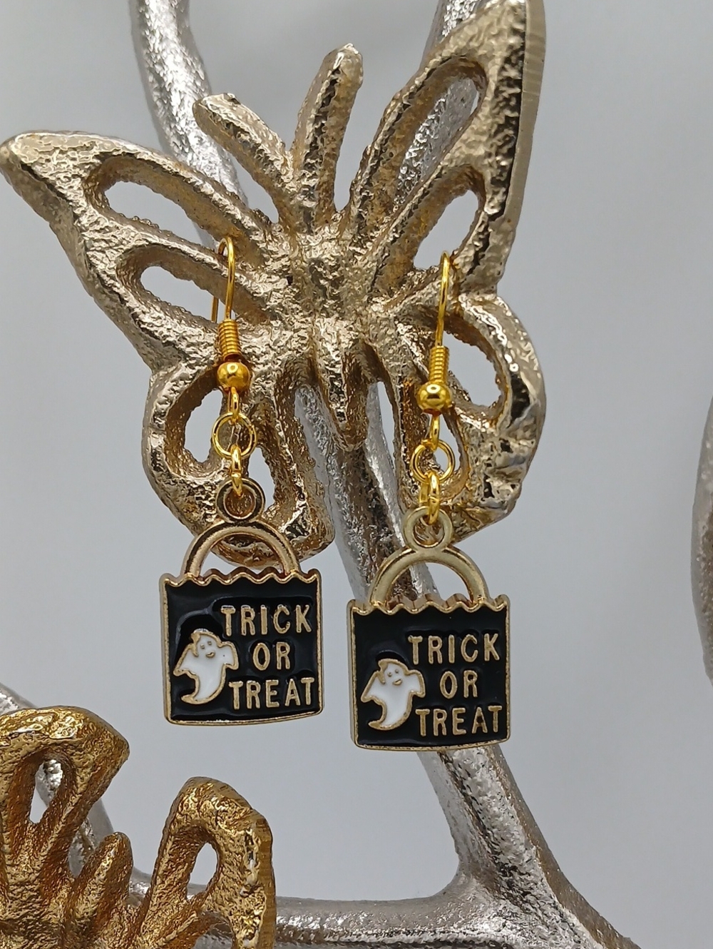 Halloween 'Trick or Treat' Black and Gold Dangle Earrings
